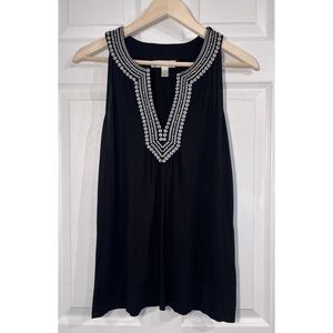 Dressbarn Sz L‎ Black Embroidered Sleeveless Top Womens Large Boho Stretch EUC